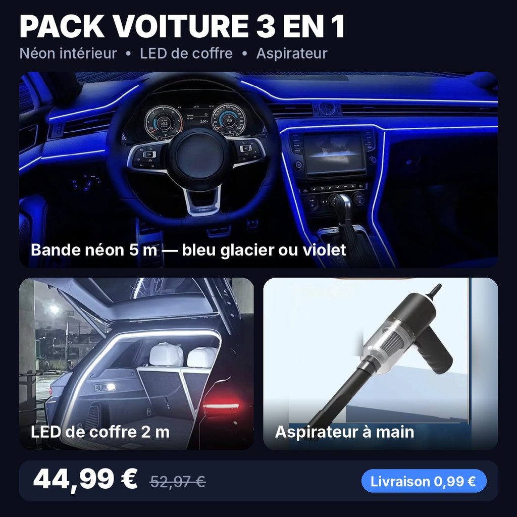 Pack voiture 3 en 1 : bande néon intérieur, LED de coffre et aspirateur à main