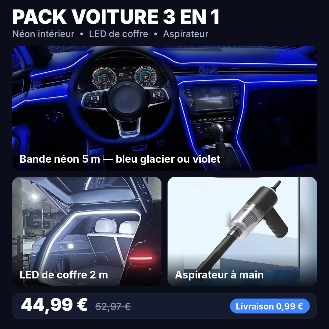 Pack voiture 3 en 1 : bande néon intérieur, LED de coffre et aspirateur à main