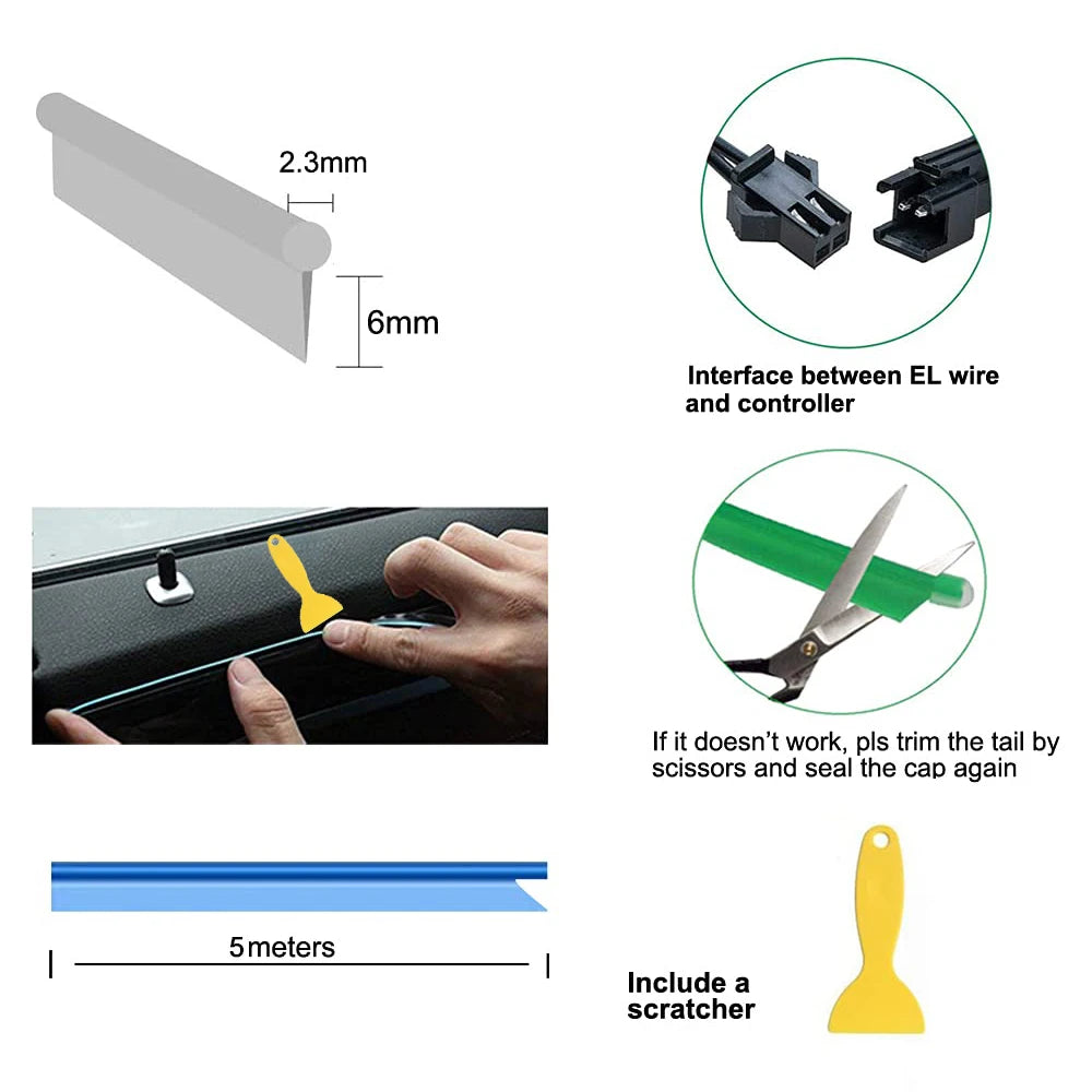 Bande lumineuse néon 5 m pour intérieur de voiture, connexion USB